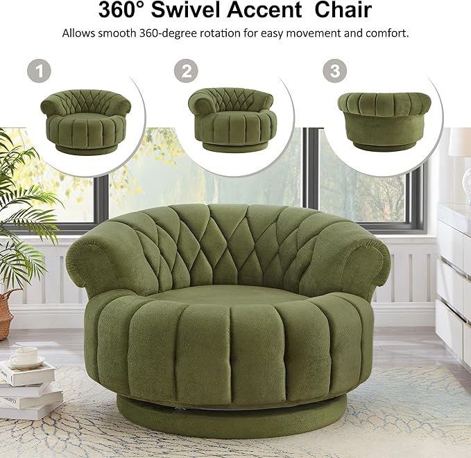 Merax 360 Swivel Accent Chair Sofa Modern Comfort Oversized Round Seat with Luxurious Chenille Fabric Channel Tufted Back Thick Cushion for Living Room Bedroom Green