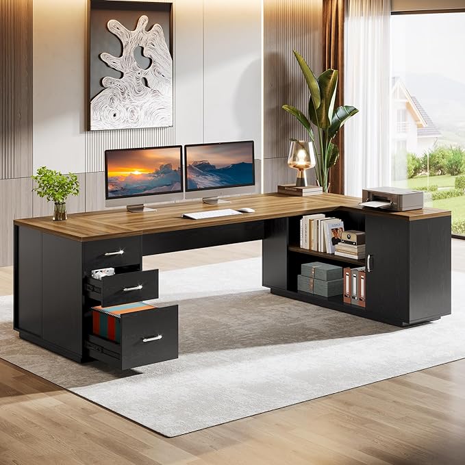 Tribesigns 85.8-Inch L-Shaped Executive Office Desk with File Drawers &amp Storage Cabinet Professional Corner Computer Desk Extra Large Business Workstation with Adjustable Shelves (Brown&ampBlack