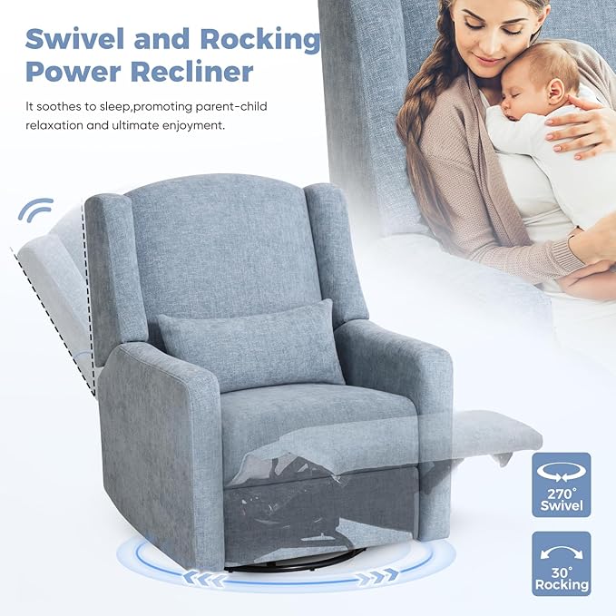Power Recliner Chair Swivel Glider Large Rocker Recliner w/USB Charging Port Chenille Upholstered Nursery Glider for Bedroom NurseryLiving Room Set of 2 Blue