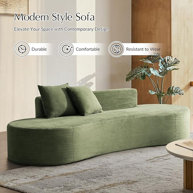 HULALA HOME 94.5 Curved Boneless Couch with Two Pillows Oversized 3 Seater Compressed Foam Sofa with Deep Seat Modern Cloud Couch for Living Room No Assembly Required Green