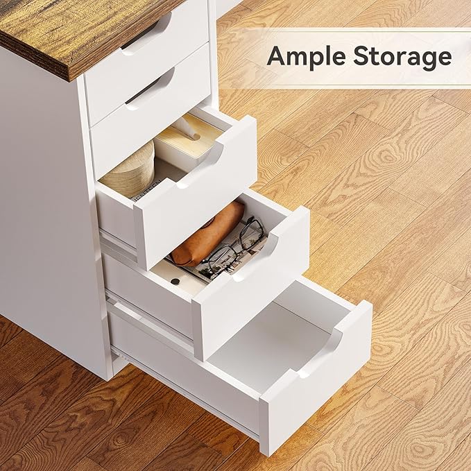 LITTLE TREE Computer Desk with 5 Drawers 47 Inch Modern Simple Study Writing Desk with Metal Frame Work Desk for Home Office Rustic Brown and White
