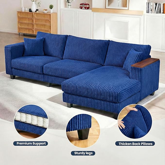114 Cloud Sectional Couch with L-Shape Reversible Chaise Modern Corduroy L Shaped Couch with 2 Pillows &amp Storage Armrests 4 Seater Sectional Couches for Living Room Plush Corduroy Blue