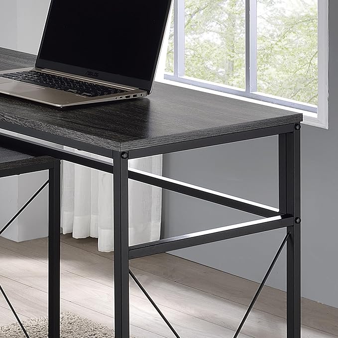 HOMES: Inside + Out Roncaster Industrial L-Shaped Metal 51 in. Writing Desk with USB Port and Electrical Outlet for Home Office Study Room Gray and Black
