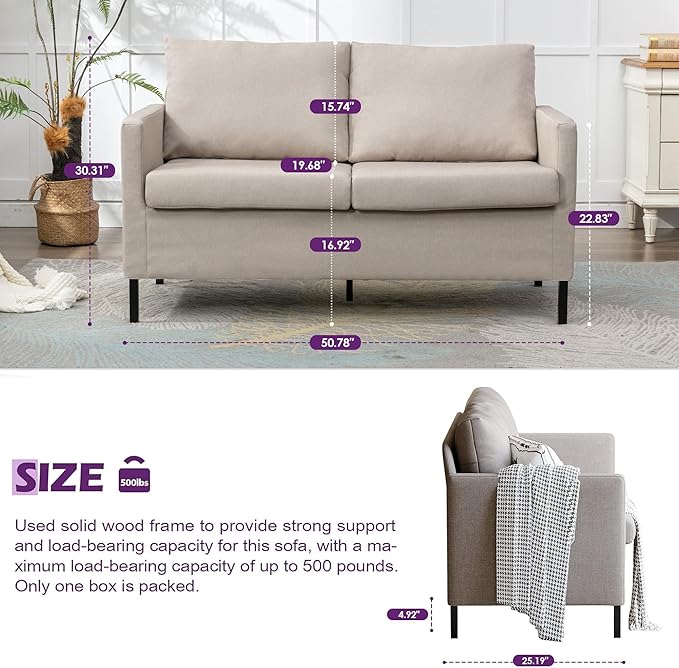 TYBOATLE Modern Small Loveseat Sofa Couch for Living Room 51 Inch Upholstered 2-Seater Love Seats w/Iron Legs for Compact Small Space Apartment Bedroom Dorm Office (Beige)