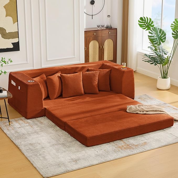 KEIKI 82 Corduroy Modular Sectional Sofa Bed with 5 Pillows &amp 2 Side Pocket &amp 2 Cup Holders Convertible 3-Seater Sleeper Couch with Memory Foam Cushion No Assembly Required for Living Room