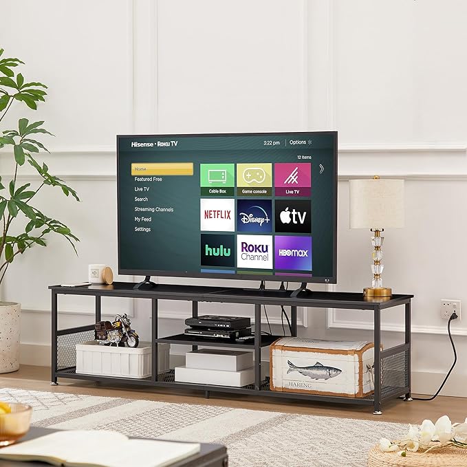 VECELO TV Stand with Power Outlets for Televisions up to 75Inch 62 Media Entertainment Center with Charging Station 3-Tier Open Storage Shelves with Metal Frame for Living Room/BedroomBlack