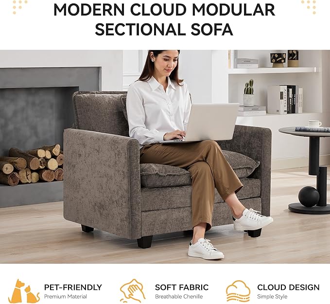 41'' Modern Chenille Oversized Chair Upholstered Accent Living Room Chair with Extra Thicked Deep Seat Single Lounge Chair for Bedroom Small Apartment Brown