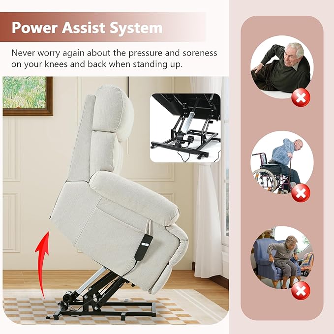 cinkehome Small Power Lift Recliner Chair for Elderly Electric Lift Chairs Easy Remote Wide Footrest Side Pockets Soft Snowflake Fleece Beige