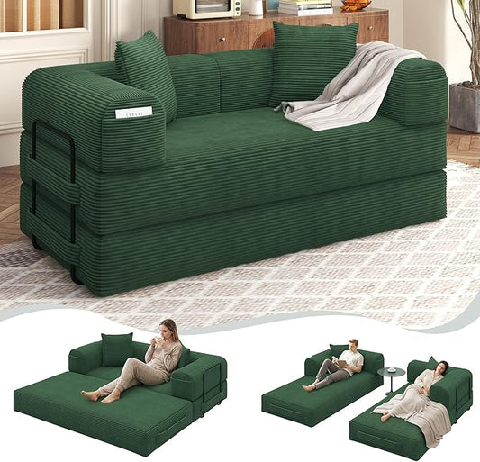 80 Convertible Sofa Bed 5 in 1 Modular Boneless Couch Sleeper Sofa Bed with Fixed Frame &amp Removable Backrest Pillow Washable Corduroy Futon Sofa Bed Couch in a Box for Small Spaces Dark Green