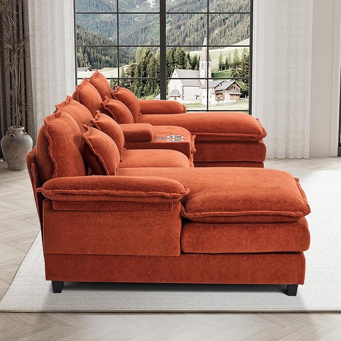 133 Oversized U Shaped Cloud Couch Modular Sectional Couches for Living Room Comfy Chenille Deep Seat Sofa Set with Double Chaise Lounge Storage Central Console Cup Holders USB Port Orange