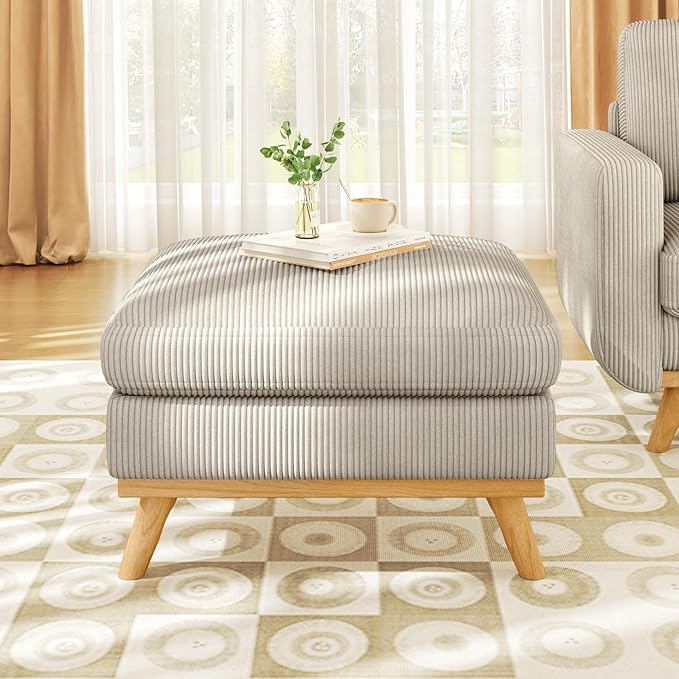 Vesgantti Large Ottoman for Modular Sofa 29.5 Corduroy Ottoman with Spring Cushion Rectangle Foot Rest for Couch Entrance Footstool with Wood Legs Footstool for Living Room Bedroom Light Gray