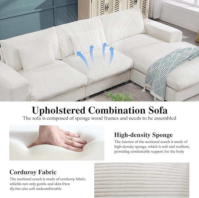 113 Inch Modular Sectional SofaModern l-Shaped Deep Seats Corduroy CouchSponge Couches with Chaise Lounge for Living Room Or Bedroom (White)