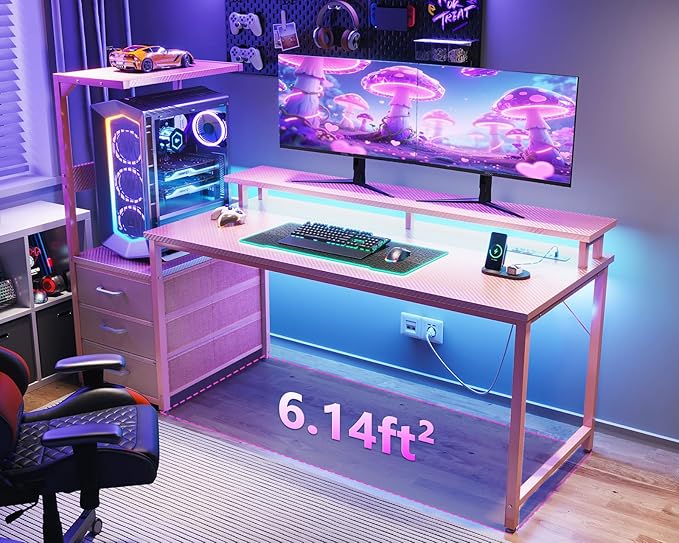 AODK 59 Inch Gaming Desk with USB Charging Ports &amp LED Light- Reversible Computer Desk with Storage Shelves &amp Monitor Stand Modern Gamer Desk Table with Fabric Drawers &amp Side Hook Carbon