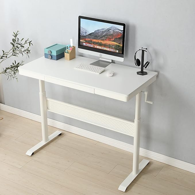 Generic (White Tabletop) 48 x 24 InchesStanding Desk with Metal Drawer Adjustable Height Stand up Desk Sit Stand Home Office Desk Ergonomic Workstation