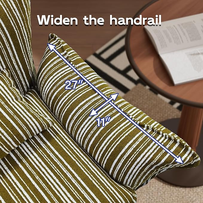 Chenille Accent Chair with Lumbar Pillow Green Stripe Wide Armrests Deep Seat 7 Inch High-Density Foam 350 lbs Capacity
