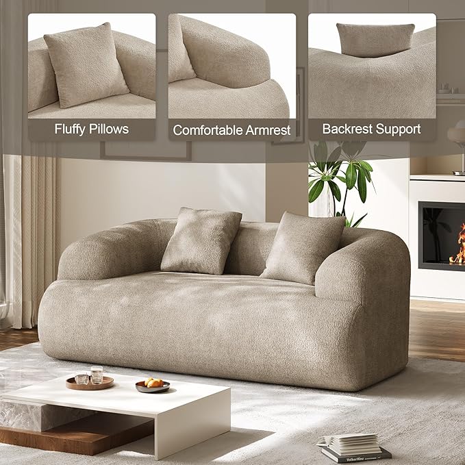Half Moon Curved Sectional Sofa with 2 Throw Pillows Modern Style 2-Seater Chenille Leisure Couch with Curved Backrest Easy Assembly for Apartment Living Room Bedroom Light Brown（76 inch）