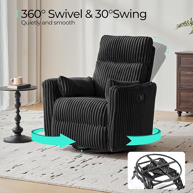 LINSY 360 Swivel Recliner Chair Nursery Glider Rocking Chair with 2 Pillows Corduroy Nursing Chair Comfy High Back Adult Rocker Recliner for Small Spaces Nursery Bedroom Living Room (Black)