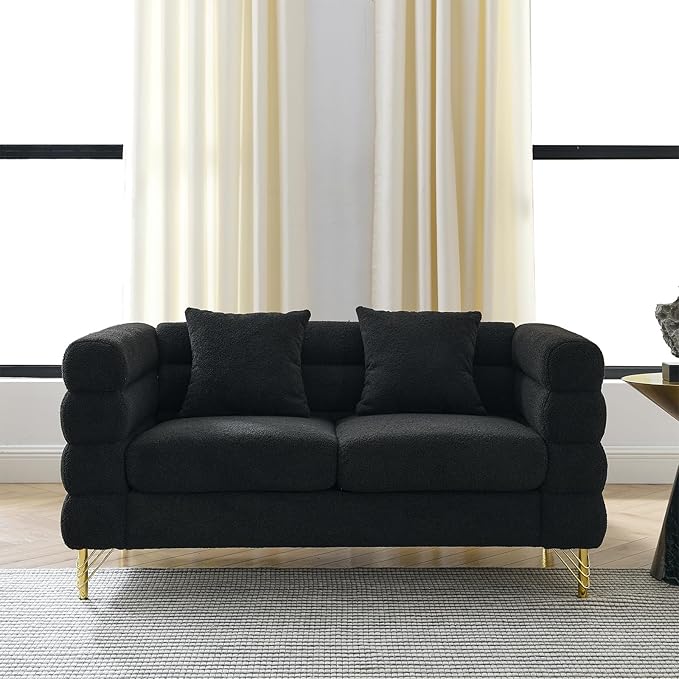 Loveseat Modern Sofa 60 Teddy Boucle Comfy Cloud Couch Upholstered Deep 2 Seater Sherpa Couch Set with Stylish Metal Legs for Living Room Home Office Bedroom Apartment Black