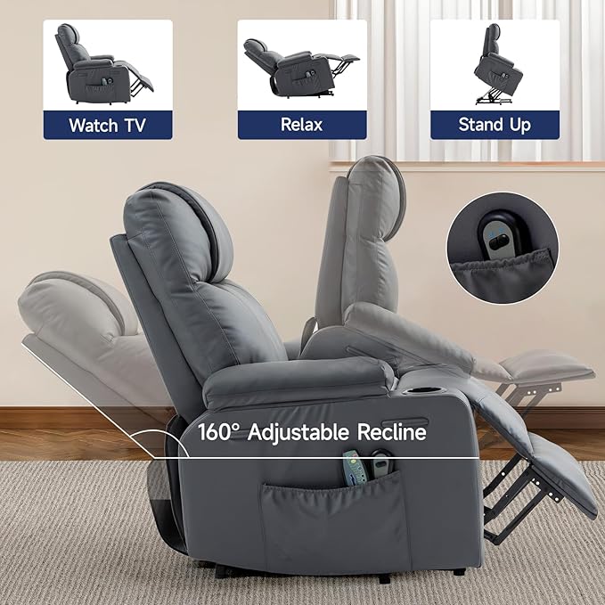 Brage Living Power Lift Recliner Chair for Elderly with Massage &amp Heat PU Leather Electric Recliner with 160° Adjustable Recline Stand Assist Remote Control Cup Holders &amp Side Pockets (Gra