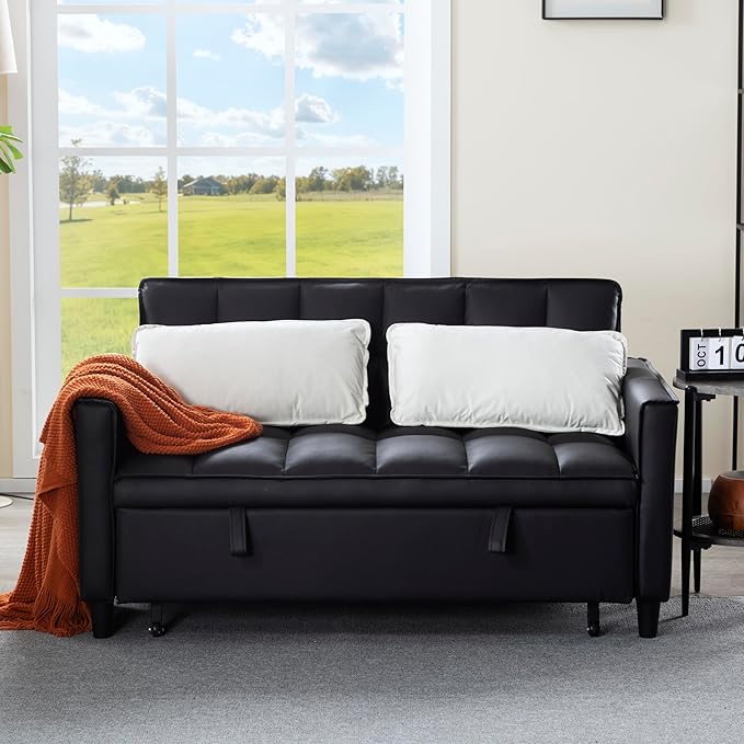 3 in 1 Convertible Sofa Bed Love Seat Sleeper Bed with Side Pockets PU Fabric Pull Out Couch with Adjustable Backrest for Living Room Bedroom Apartment Black