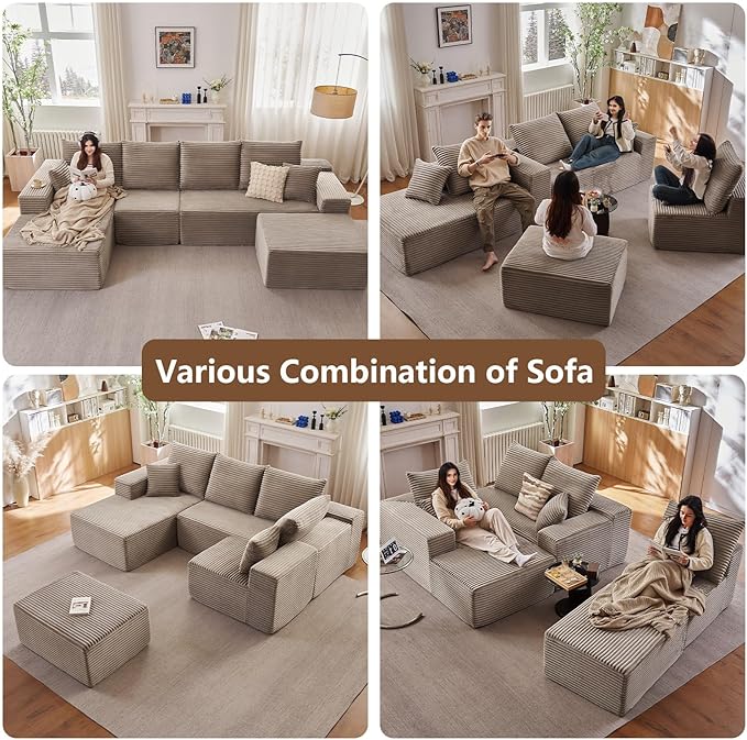 136 Boneless Cloud Couch with OttomanMoudular Sectional Sofa with Deep SeatModern Minimalist Sofas with 4 SeaterCorduroy U Shaped Couches for Living RoomNo Assembly(CamelLeft Facing Chaise)