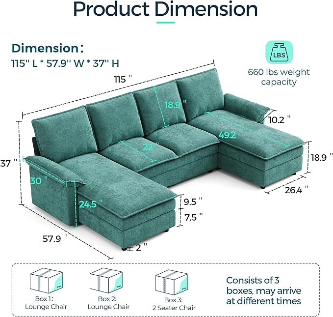 LINSY HOME Modular Sectional Couches for Living Room U-Shaped Cloud Couch Sectional Sofa with Chenille Fabric Modern 4-Seat Sofas with Double Chaise for Apartment (Green)