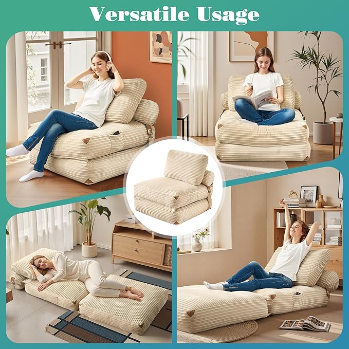 Folding Sofa Bed Convertible Sleeper Chair with Pillow Back Support Foldable Corduroy Futon Floor Couch Comfy Fold Out Chair Bed for Living Room Bedroom Dorm Beige