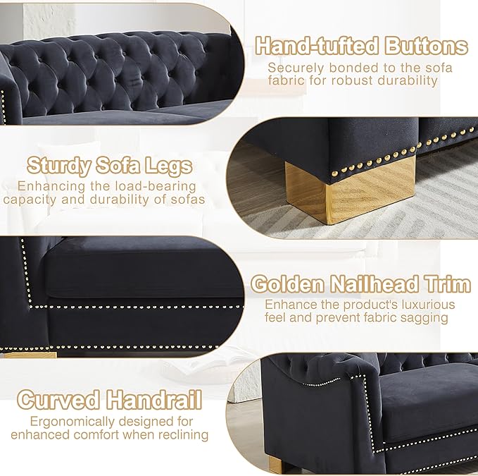 84 Chesterfield 3-Seater Black Velvet Combination Sofa 2 Cushion Classic 6.5 Rolled Arm Modern Couch Suitable for Living Room