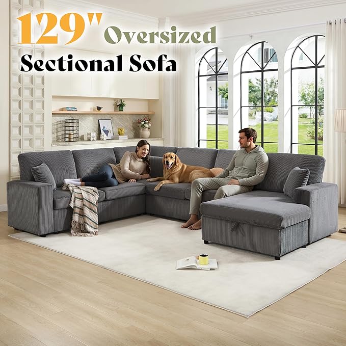 AMERLIFE 129 Inch Sectional Couches for Living RoomSectional Couch with Storage &amp OttomanModular Sectional Sofa Converts to SleeperCloud Couch Sectional for Large Space with CorduroyGrey