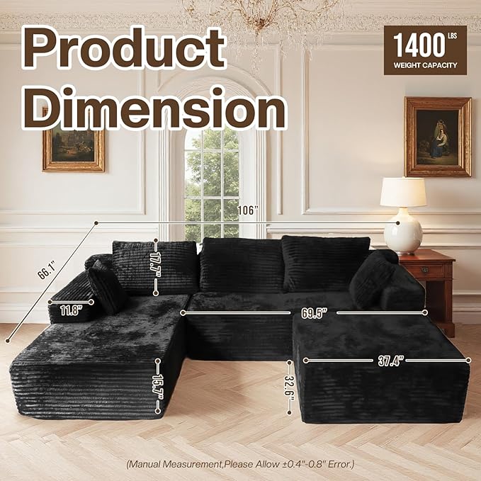 106'' Modular Sectional Sofa U Shaped Boneless Cloud Couch with Chaise and Ottoman 4-in-1 Flexible Combination Faux Rabbit Fur &amp Layered Cushion Deep Seat for Living Room No Assembly Black