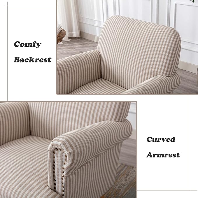 Linen Accent Chair Mid-Century Modern Living Room Armchair with Nailhead Trim &amp Wood Legs Comfy Upholstered Single Sofa Chair for Lounge/Bedroom/Reception Khaki Stripe