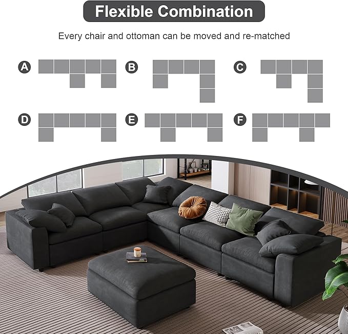 129.3 Oversized Modular Sectional Sofa U Shaped Couch with Movable Ottoman Large 7 Seater Corner Sofa for Living Room Office Spacious Space Grey