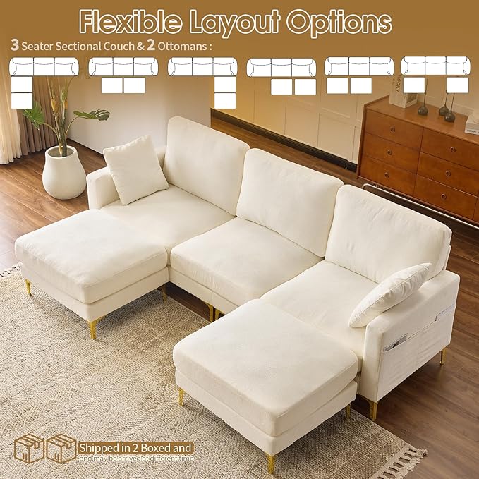 VINGLI 100 W U Shaped Couch with Ottoman 22 Deep Seat Comfortable Sectional Couches for Living Room 3 Seater Chenille Fabric Cloud Sofa for Apartment Small Spaces Bedroom Beige