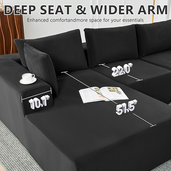 109 Cloud Sectional Couch Boneless Couches for Living Room Modular Sectional Sofa with Deep Seat L-Shape Couch with Chaise Comfy Corduroy Fluffy Modern Modular Sofa No Assembly Required Black