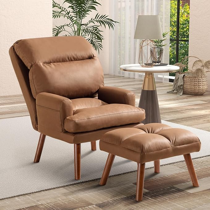 CANMOV Modern Accent Chair with Ottoman Soft Fabric Armchair with Adjustable Backrest and Side Pockets Comfy Lounge Chair for Living Room Bedroom Apartment Office Camel