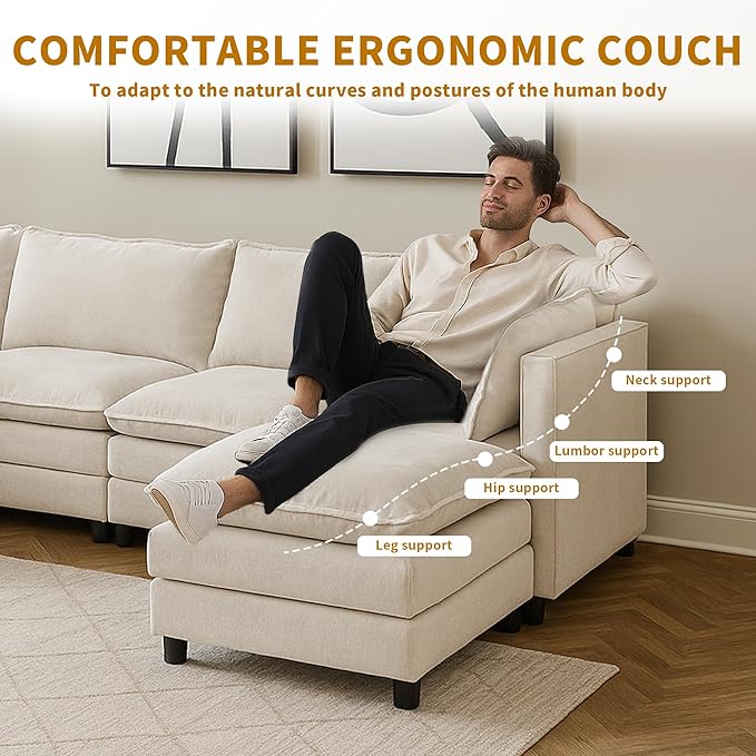 108 U Shaped Couch Modular Sectional Sofa Chenille Cloud Couch with Movable Ottoman 3 Deep Seat Small Sectional Couch Comfy Couch for Living Room (Beige 3 Seater with 2 Ottoman)