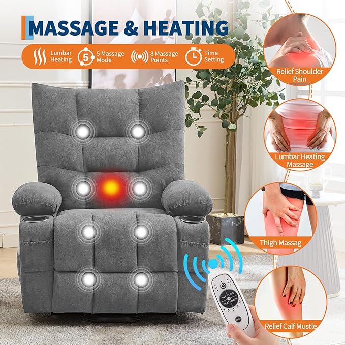GarveeHome Power Lift Recliner Chair for Elderly with Massage and Heat Oversized Electric Massage &amp Heat Recliner with Soft Padded Upholstery Side Pocket &amp Cup Holders for Living Room Gray
