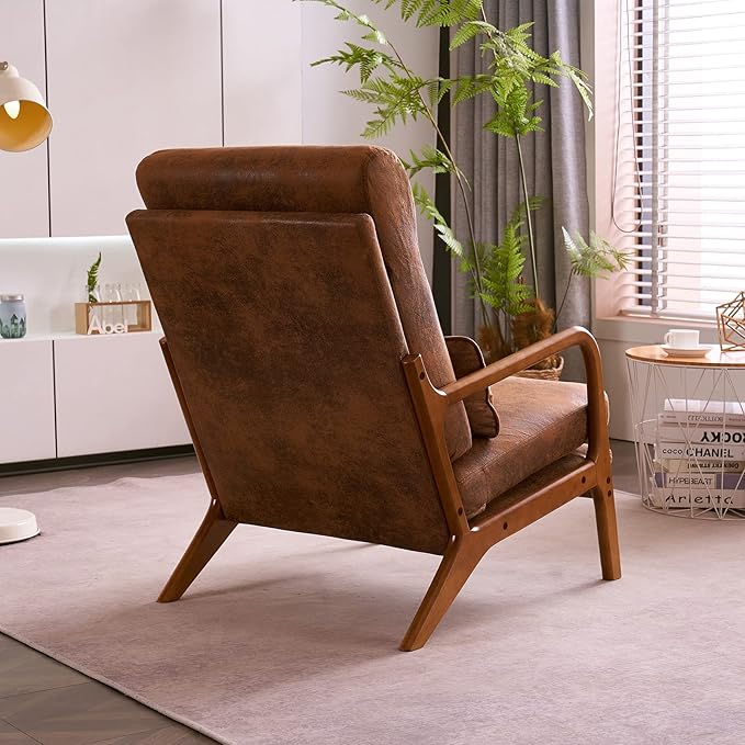 JOYBASE Lounge Accent Chair Mid Century Modern Chair High Back Chair Wood Frame Armchair Comfy Reading Chair for Living Room Office Bedroom (Coffee Brown Bronzing Cloth)