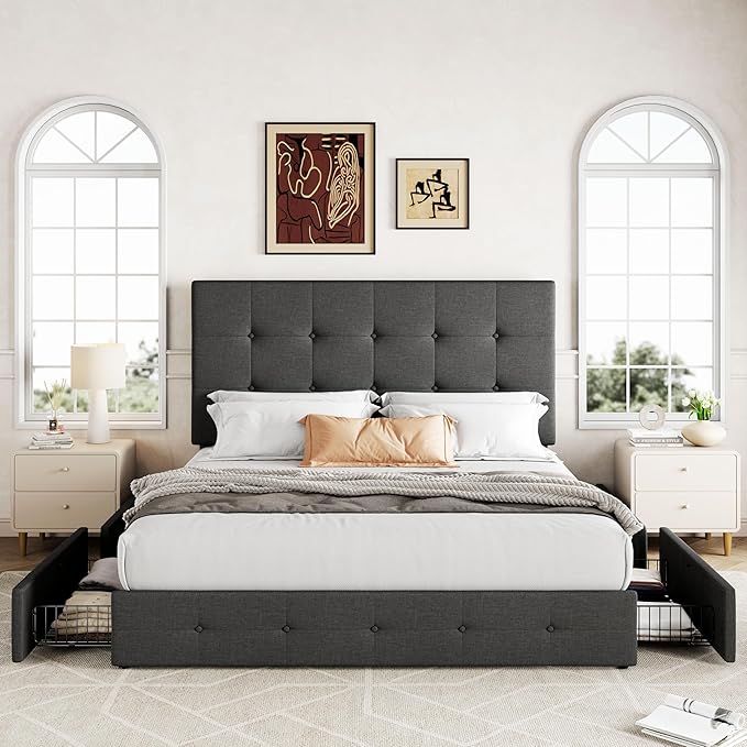 Allewie Upholstered Queen Size Platform Bed Frame with 4 Storage Drawers and Headboard Square Stitched Button Tufted Mattress Foundation with Wooden Slats Support No Box Spring Needed Dark Grey