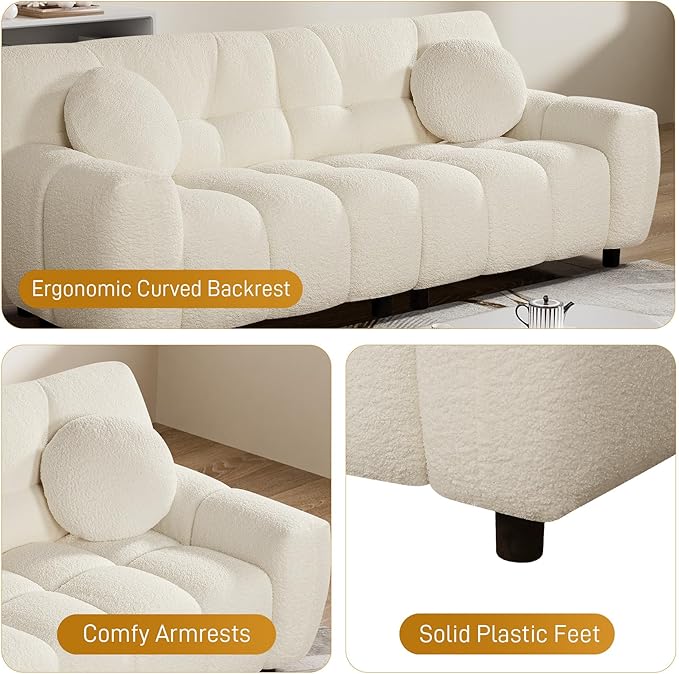 Boucle Cloud Sofa Couch Comfy Deep Seat Sherpa Couch 72.8 Upholstered Cozy Teddy 2 Seat Marshmallow Couches Oversized Loveseat Sofa for Living Room Bedroom Cream White