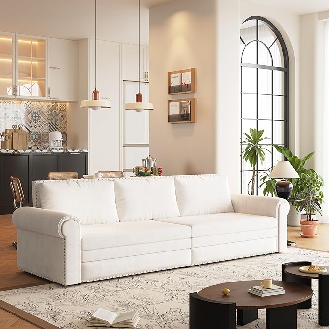 King Size 93.7 Pull Out 3 Seat Sofa with 2 Pillows 3-in-1 Velvet Fabric Convertible Sleeper Sofa Bed Fold Couch for Living Room Office and Small Space Beige