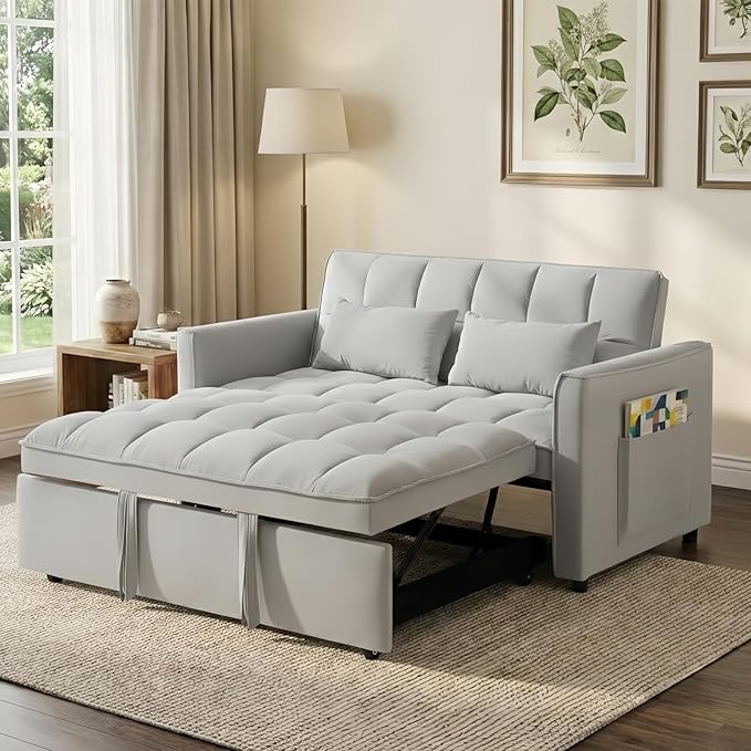 3-in-1 Convertible Sofa Bed 55'' Pull Out Couch Bed with Adjustable Backrest Velvet Fabric Sleeper Loveseat Sofa with Side Pocket Perfect for Living Room Easy Assembly(Light Gray)