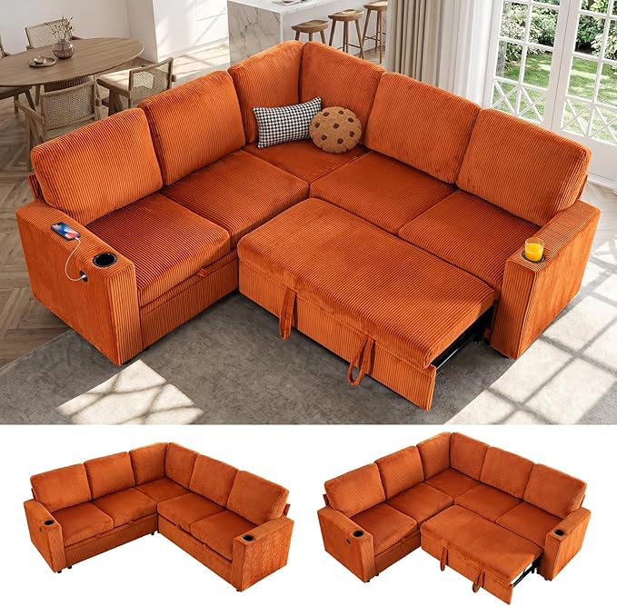 83 Sleeper Couch with Pull Out Sofa Bed 5-Seater Sectional Couches for Living Room L-Shaped Couch with Storage USB Port &amp Cup Holder Corduroy Convertible Corner Sofa for Apartment