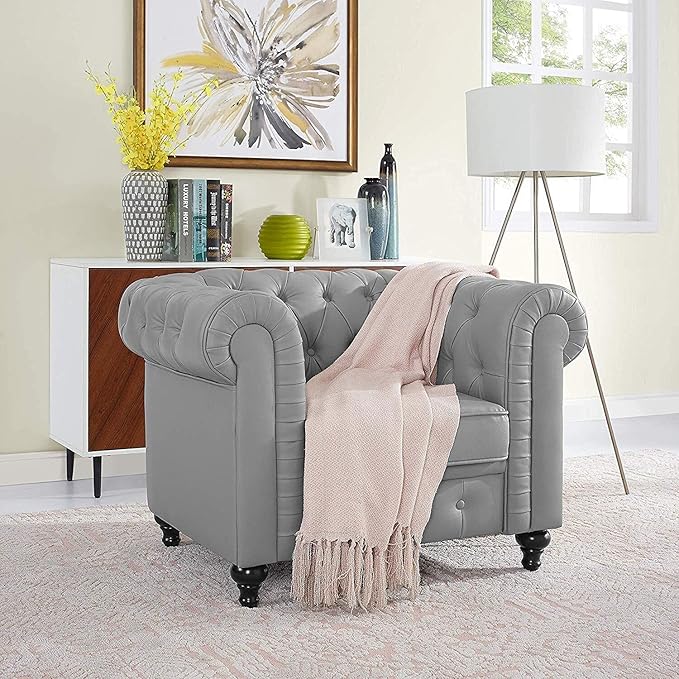 Naomi Home Emery Chesterfield Love Seat Loveseat Sofa &amp Accent Chair with Rolled Arms Tufted Cushions Solid Wooden Legs Deep Seating Comfy Bedroom Living Room Reading Chair/Tool-Free Assembly – G