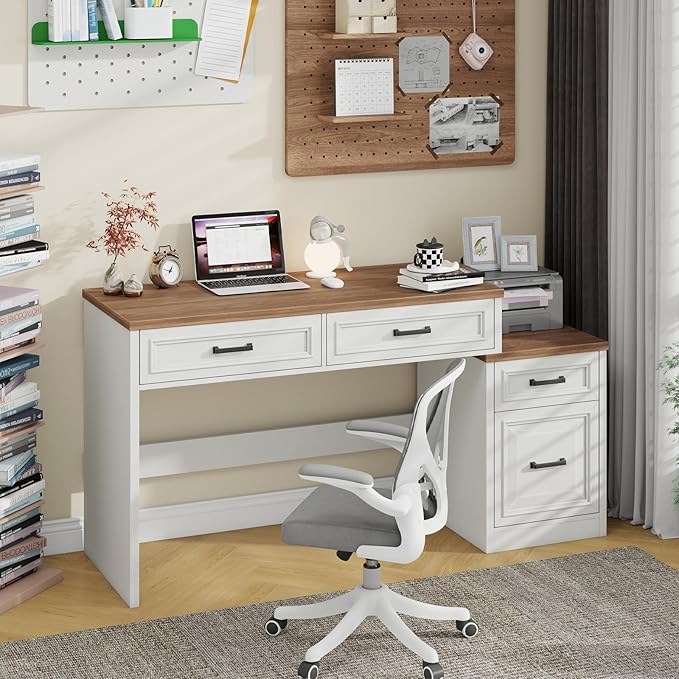 Vabches 61 Farmhouse Computer Desk with Storage and File Drawer Executive Desks with Printer Stand Rustic Large Home Writing Desk for Home Office.
