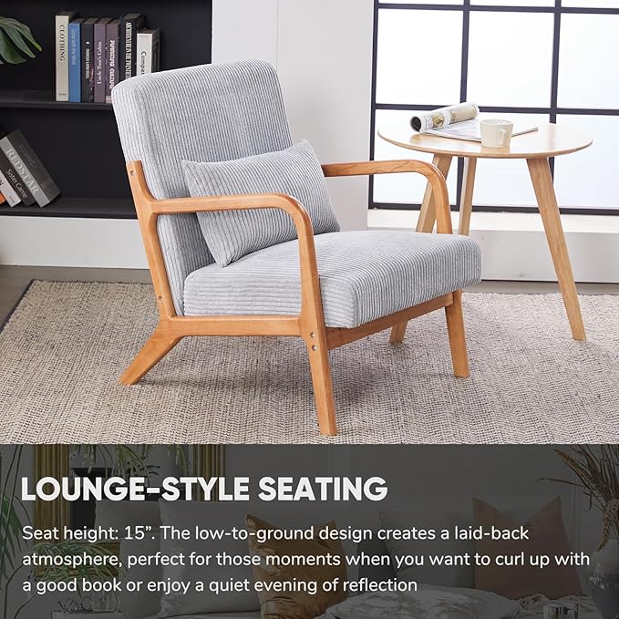 JOYBASE Mid Century Modern Accent Chair Lounge Reading Armchair with Wood Frame for Living Room Office Bedroom (Polyester Fabric Light Grey)