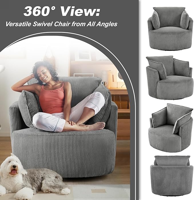 Swivel Accent Chair Round Barrel Armchair Upholstered Living Room Chair Corduroy Reading Chair Single Sofa Chair for Bedroom Apartment Office (Grey Standard 1Seater)