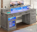 BTHFST Farmhouse Executive Desk with File Drawer Computer Desk with Charging Station &amp LED Lights Home Office Desk with Drawers &amp Storage Cabinet Executive Office Desk with Monitor Stand G