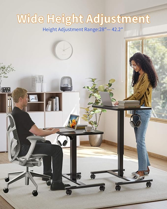 YIHAYO Mobile Small Standing Desk 24 x 16 Inches Adjustable Height Portable Rolling Laptop Desk with Lockable Wheels Computer Workstation for Home Office with Hook Black