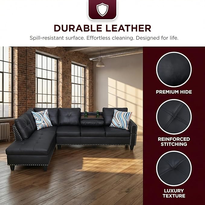 L-Shaped Sectional Couch with Cup Holders Leather Living Room Sofa with Lounge Chaise Modern 4 Seater Sofa Couch for Living Room Small Apartment &amp Office Black